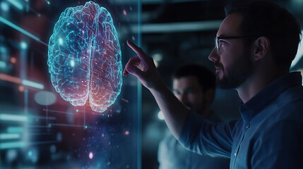 A male AI specialist pointing at a digital hologram of a human brain model, discussing artificial intelligence advancements with a colleague in a tech-driven environment 