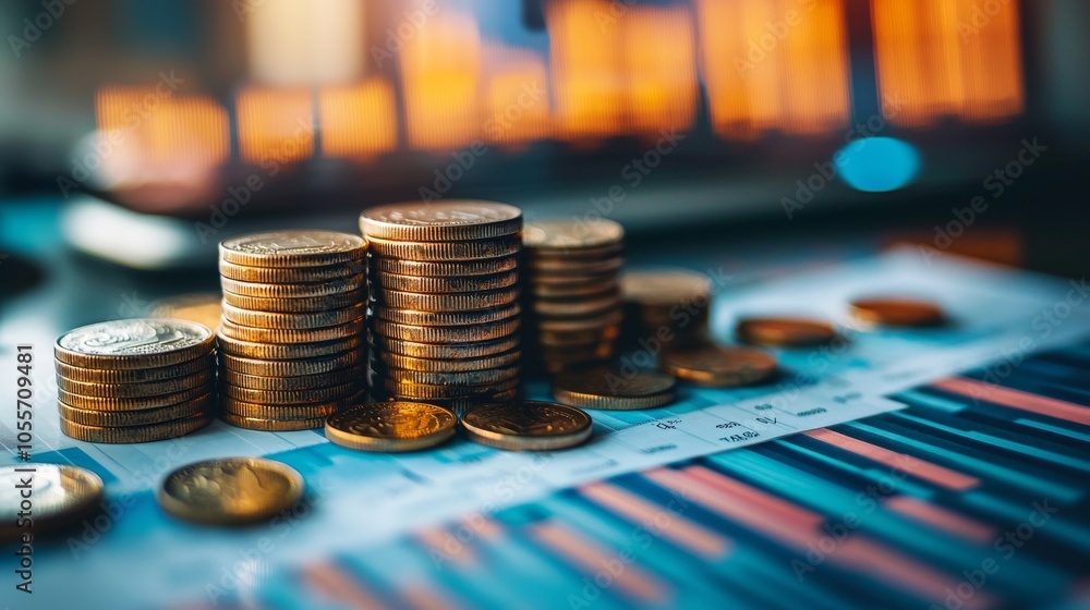 Poster stacks of coins on financial charts with data graph background