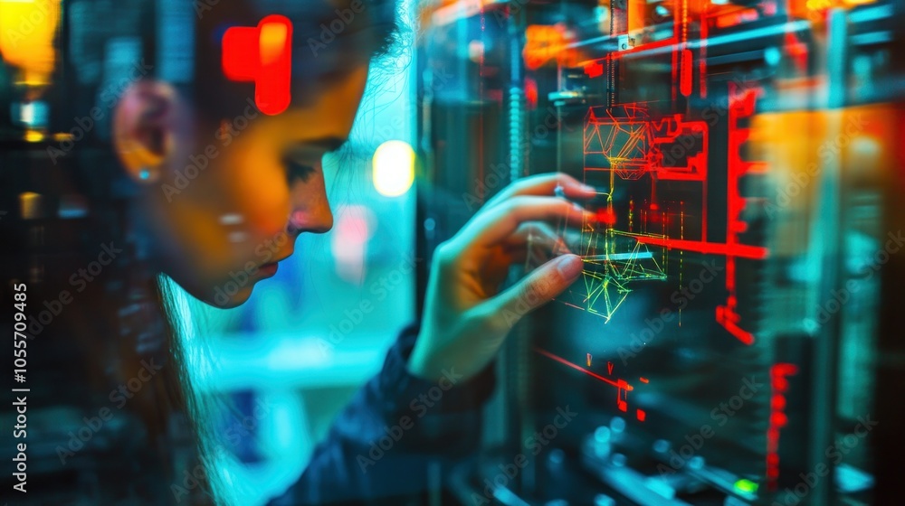Aufkleber a woman working on a computer system with glowing lines