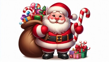 Happy Cartoon Santa Claus with Candy Cane and Gifts