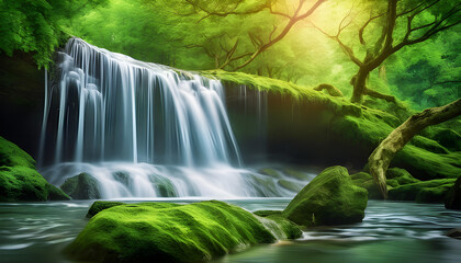 Obraz premium Blurred nature background image of rocks with water flowing through in the forest. Looks cool and peaceful.