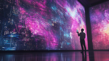 A futuristic workspace with an AI expert standing before a large interactive wall screen, examining complex data patterns and algorithms displayed in vibrant colors 