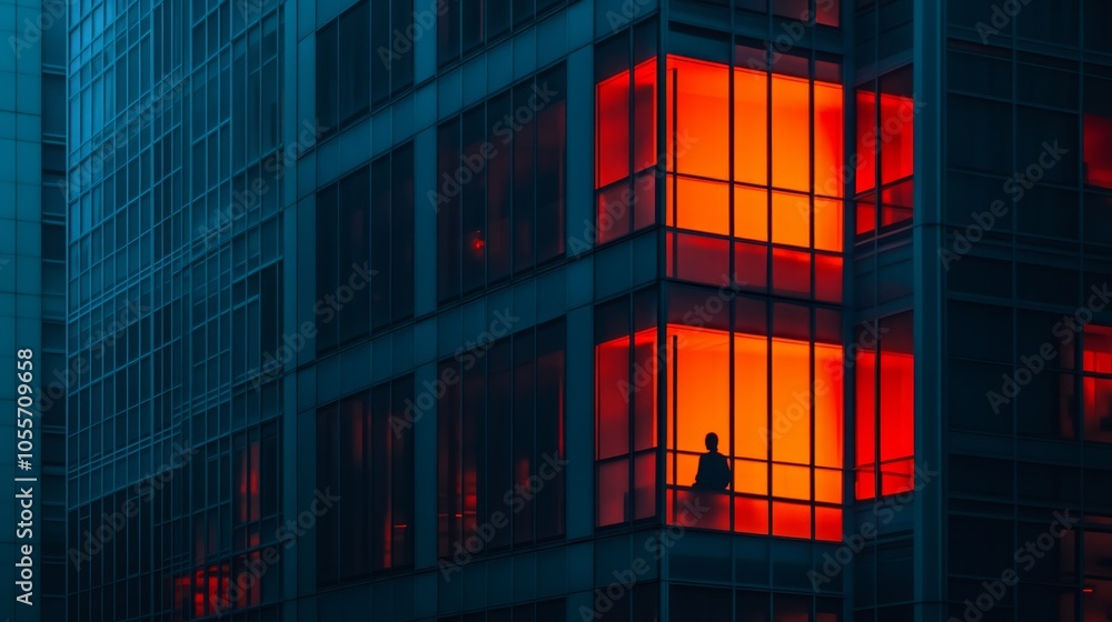 Poster A man is sitting in a window of a building with a red glow