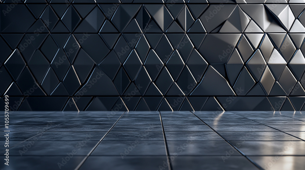 Poster 3d render of a polished semigloss wall background featuring triangular tile wallpaper with black blo