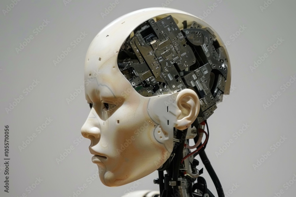Poster android head showing its circuit board while looking left on a neutral background