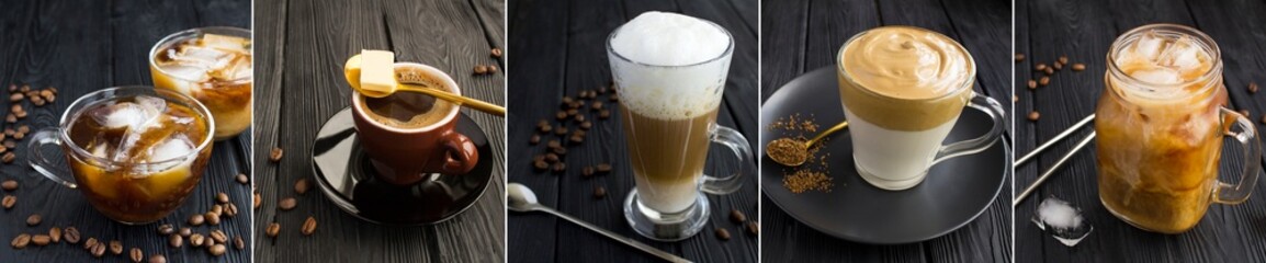 Coffee collage. Different types of coffee on the black wooden background. Close-up.