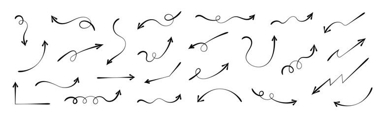 Set of black, hand-drawn black doodle spirals and curved arrows in the brush on a white background, ideal for directional pointers in infographic design.