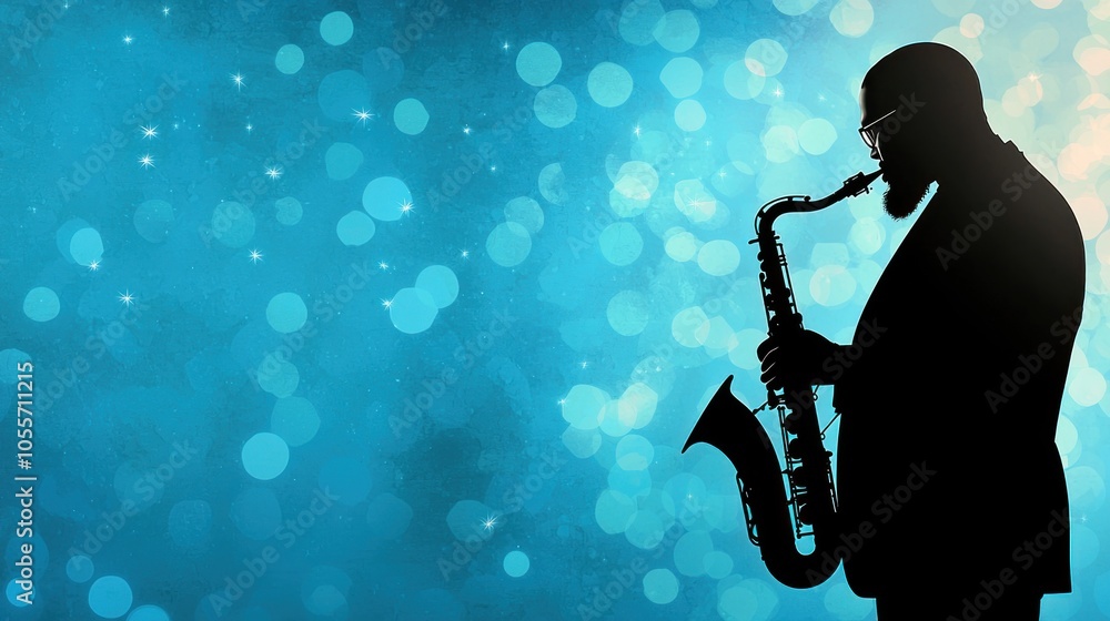 Poster silhouetted man playing saxophone against a colorful bokeh background creating an enchanting musical