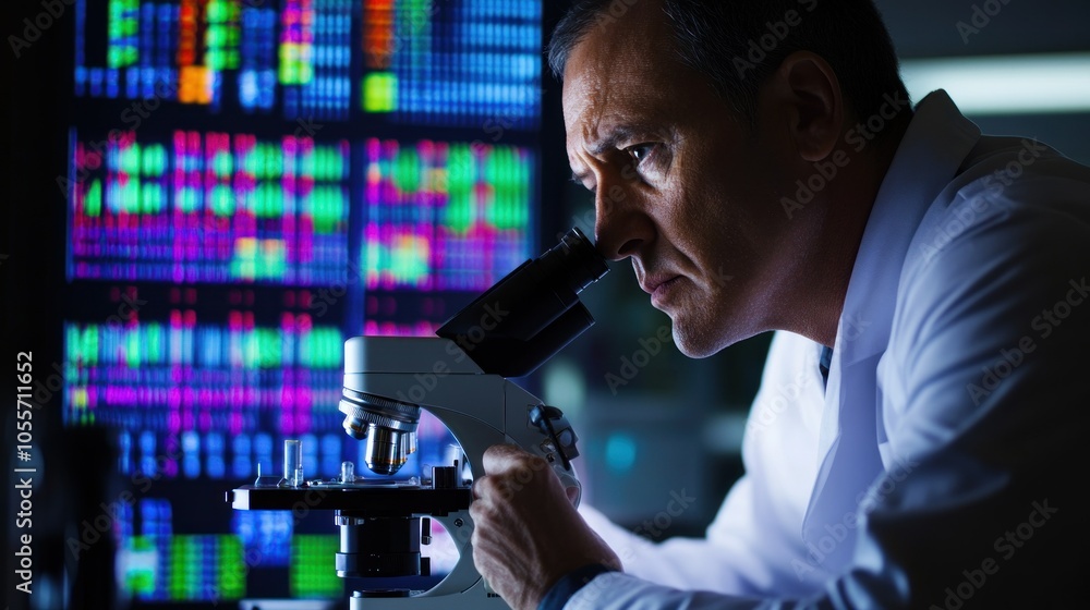 Poster A Scientist Examining a Sample Through a Microscope