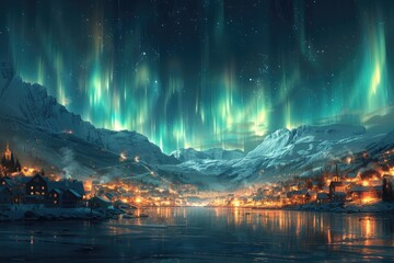 Fototapeta premium A Small Village nestled in a Valley with the Northern Lights Displayed Above