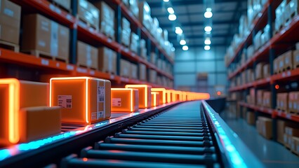 Smart warehouse management system using augmented reality technology to identify package picking and delivery . Future concept of supply chain and logistic busines