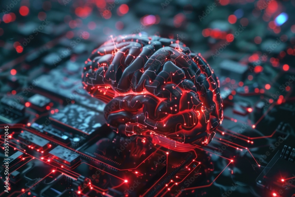 Poster 3d rendering of a brain sitting on a circuit board with red glowing lights, symbolizing the power of