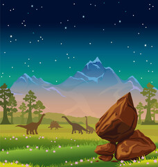 Prehistoric landscape with mountains, starry sky, rock and silhouette of extinct dinosaurs. Vector night nature illustration.
