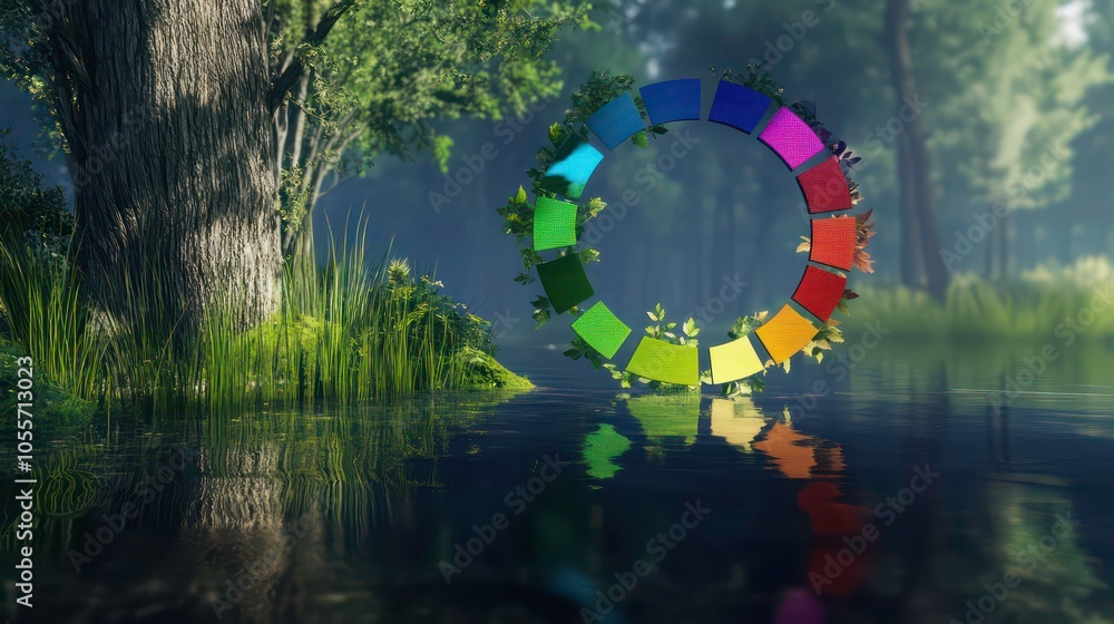 Poster a serene forest scene featuring a color wheel reflected in water, symbolizing harmony.