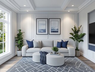 Fototapeta premium White walls with gray and navy accents in decor for a balanced, modern man space