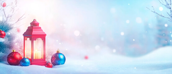 Fototapeta premium Cozy winter background featuring a red lantern with a glowing candle, surrounded by red and blue Christmas ornaments in a snowy landscape