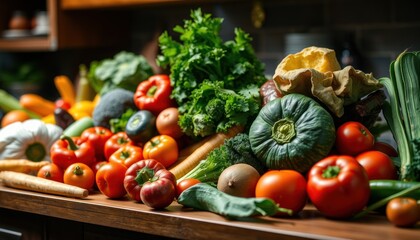 Vibrant fresh vegetables and fruits displayed on a kitchen counter