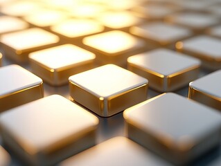 Close-up view of golden keyboard keys, reflecting light, modern technology concept.