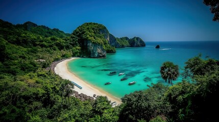 A picturesque bay with turquoise water, surrounded by lush green cliffs and coconut palms, white sandy beach below and a cloudless sky above.