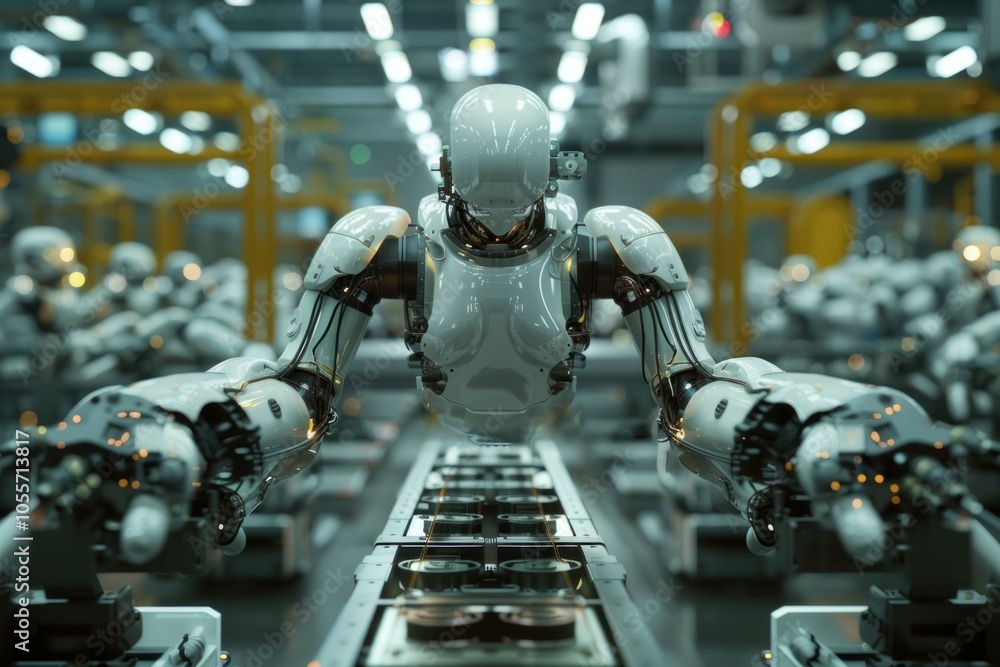 Poster white robot working with a conveyor belt in a factory, concept of automation and industry 4.0