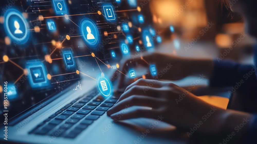 Fototapete a person typing on a laptop with digital icons representing networking and technology.