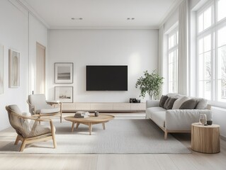 White walls with light wood flooring, soft gray furniture, and simple decor for a warm