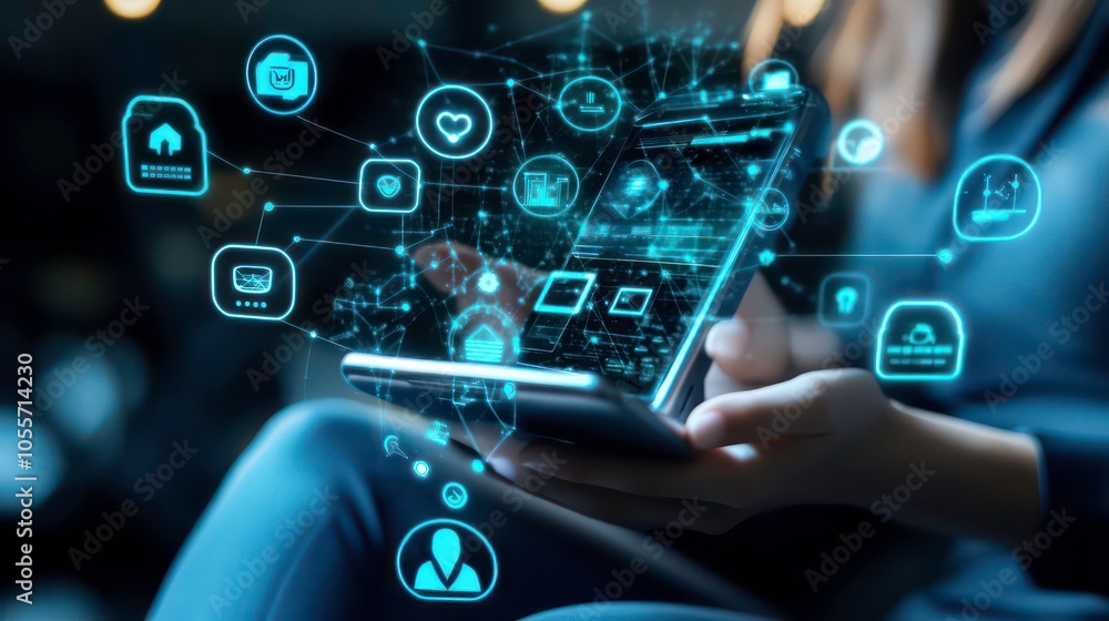 Poster A person interacting with a smartphone displaying various digital icons and connections.