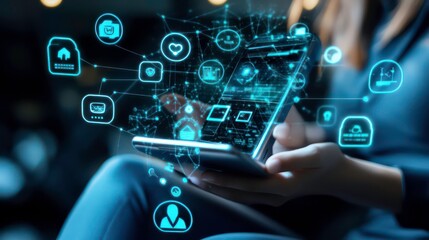 A person interacting with a smartphone displaying various digital icons and connections.