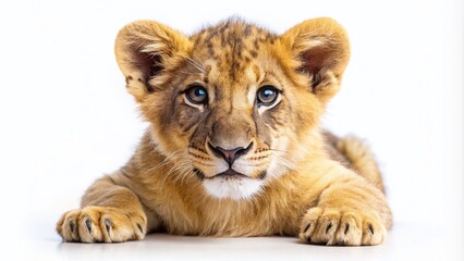 Fototapeta premium Adorable Lion Cub Isolated on White Background - African Wildlife Photography of Baby Animals