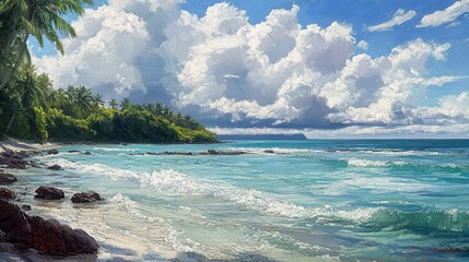 Fototapeta premium Crystal-clear waters near the shore with small foamy waves, a view of tall coconut palms casting shade, under a bright sky with billowing clouds. Refreshing and inviting.