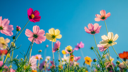 Beautiful cosmos flowers in various colors, with a clear blue sky background.
