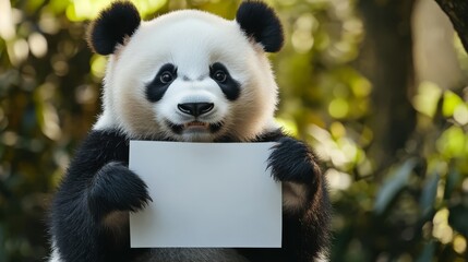 A panda holding an empty white advertising poster