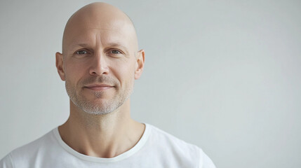 Bald person with a smooth head and a friendly look