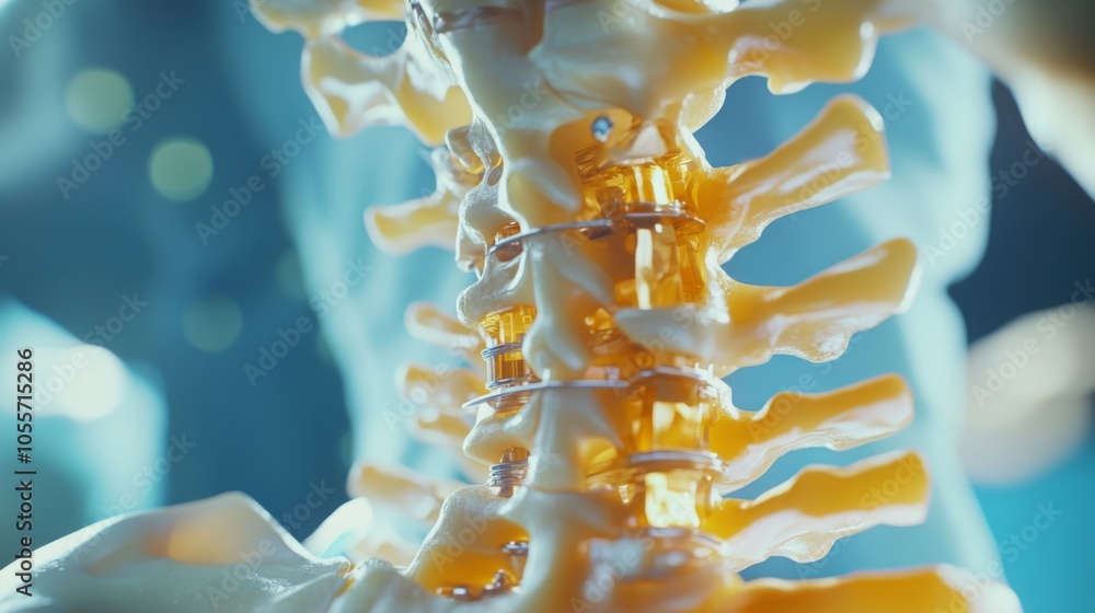 Poster A close-up image of a cervical spine model showing the bone structure and a metal implant. The model is illuminated from the side, casting a blue and white glow on the background.
