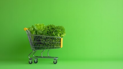 Sustainable Choices: A Close-up of a Shopping Cart Brimming with Fresh Green Vegetables and Greens. Green Monday Concept
