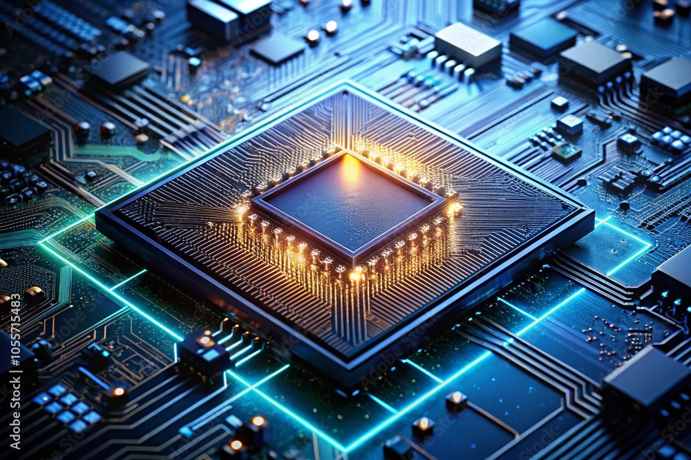 Poster advanced technology concept: circuit board cpu microchip wafer close-up for tech innovations
