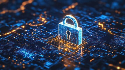 A digital padlock symbolizing cybersecurity over a network background.