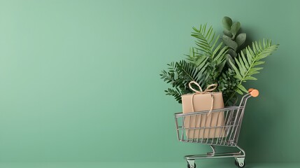 Creative Display of Eco-friendly Shopping: A Cart Overflowing with Plants and Gifts for a Greener Future. Green Monday Concept