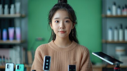 A Chinese girl with a green screen behind the girl, and a variety of product samples around it, and many phones in front, with a fill light, are in front of the girl.