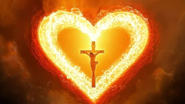 Fiery heart surrounding Jesus's cross symbolizing god's sacred love. Relgious Catholic video.