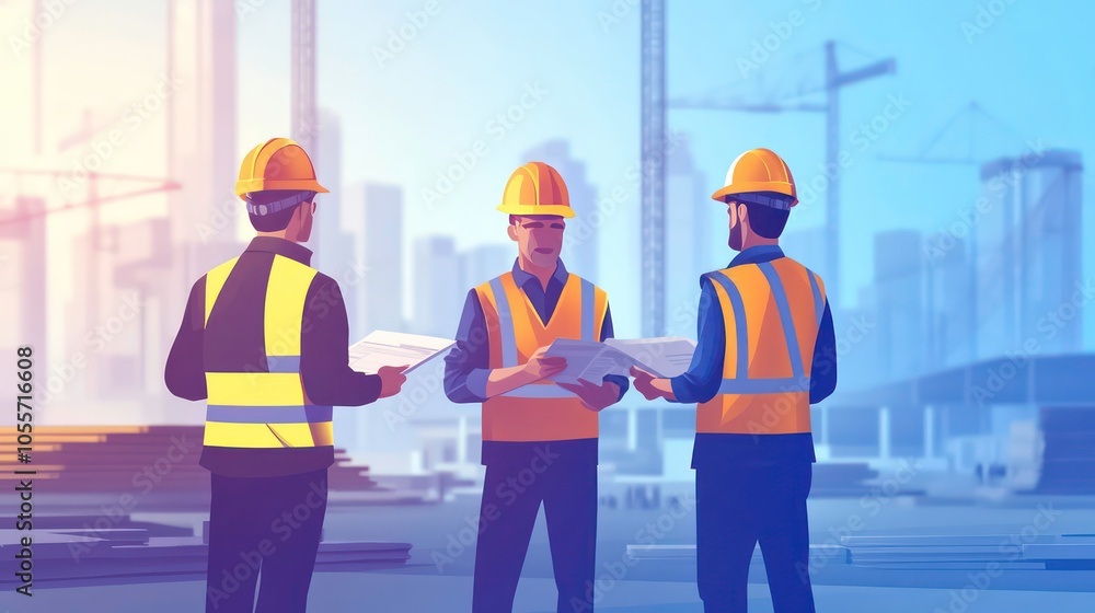 Poster three construction workers discussing plans on a building site with cranes in the background.