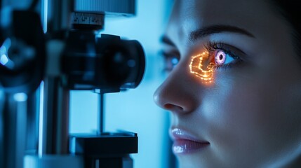 A woman is receiving a detailed eye examination using cutting-edge technology at an ophthalmology clinic. The equipment displays glowing patterns around her eye, emphasizing the advanced diagnostics.
