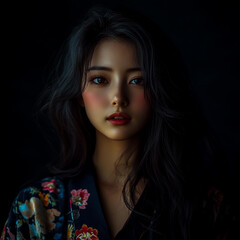 Naklejka premium Beautiful Japanese women, with long hair wearing a kimono.