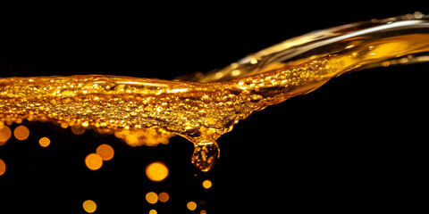 Golden oil beer liquid flow splash curve with bubble glossy shimmering drinks texture on black background with copy space