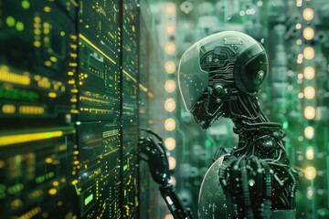 Futuristic robot working on servers in a datacenter, analyzing data on a screen