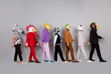 Full size profile photo of zebra gorilla raccoon lion panda sloth rooster mask people walk empty...