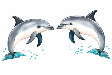Fototapeta premium Dolphins Leap in Turquoise Waters Watercolor Art