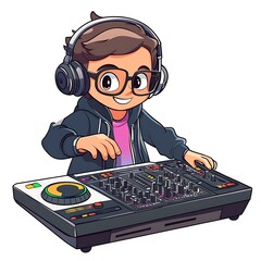 Cartoon DJ with oversized headphones, mixing tracks on a white background.