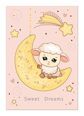 Fluffy sheep sitting on the moon, shooting star. Decorative scarf for nursery. Vector illustration in flat style. For posters, banners, cards and packages