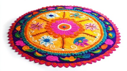 Naklejka premium Artistic rangoli in concentric circles with bright colors, featuring floral and paisley motifs, isolated on white